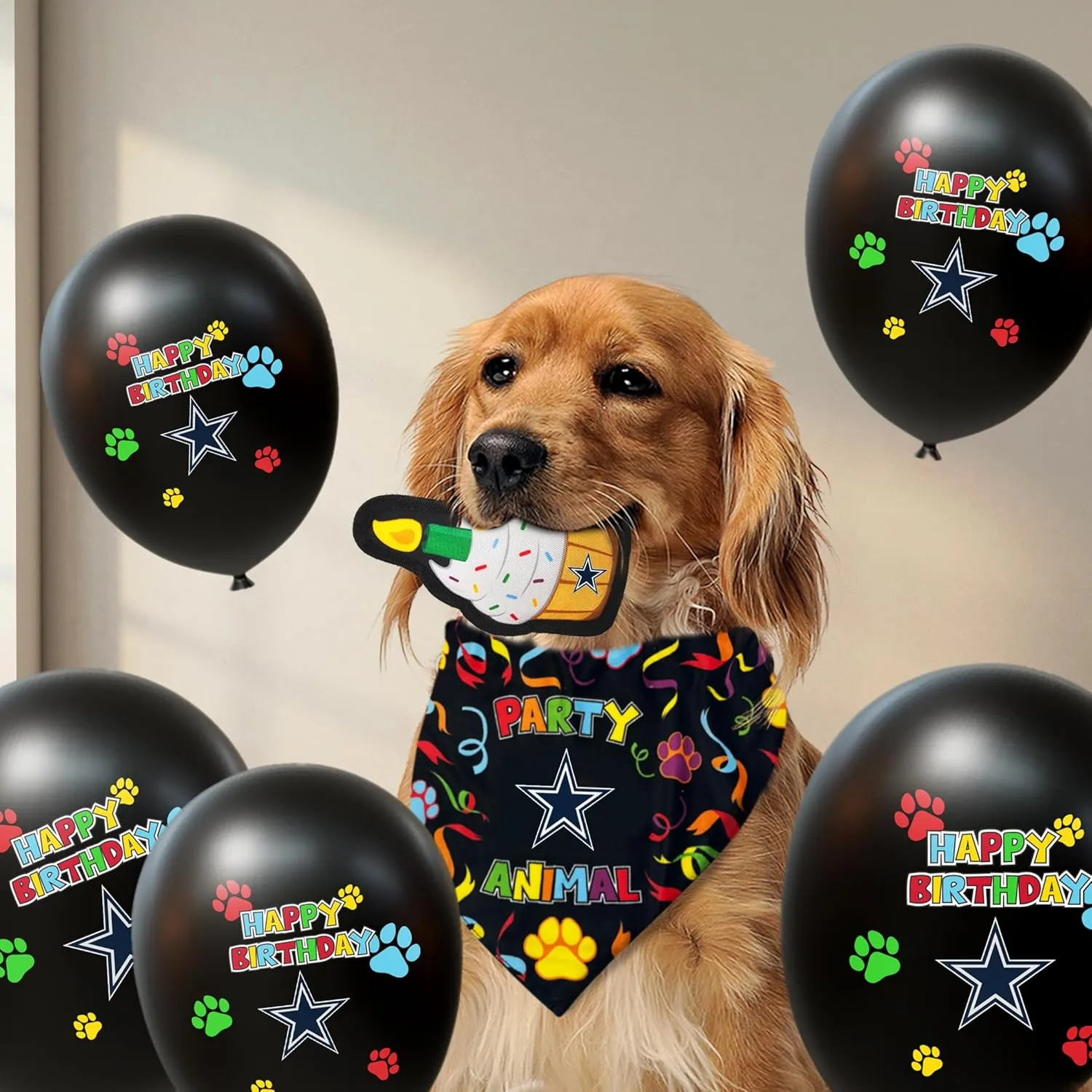 NFL Dallas Cowboys Dog Birthday Party Set 8 pcs with 1 Football Bandana Large/X-Large, 1 Birthday Cake Toy & 6 B-Day Balloons, Dog Birthday Set, Costume, Fun Doggie Pawty Accessories