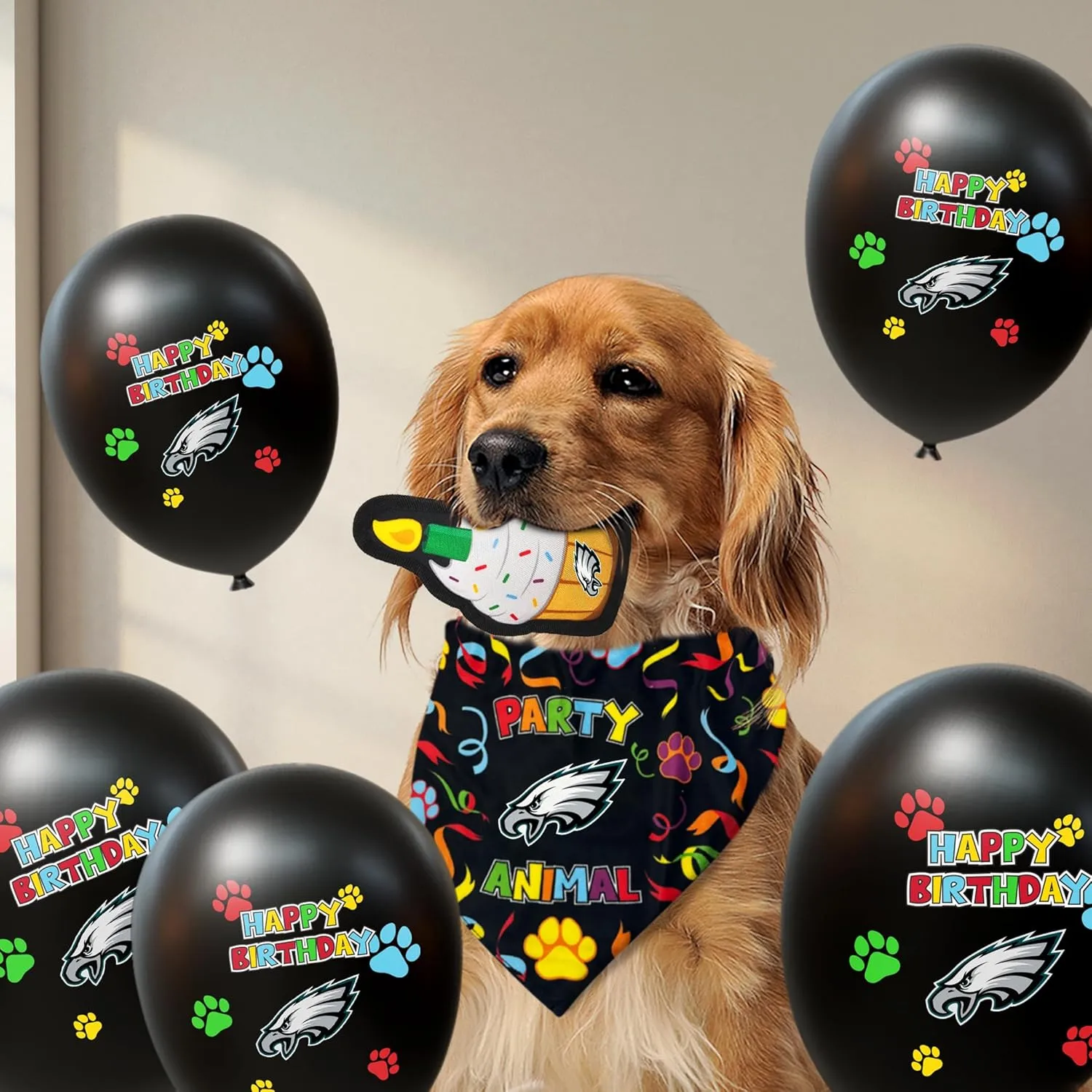 NFL Philadelphia Eagles Dog Birthday Party Set 8 pcs with 1 Football Bandana Large/X-Large, 1 Birthday Cake Toy & 6 B-Day Balloons, Dog Birthday Set, Costume, Fun Doggie Pawty Accessories
