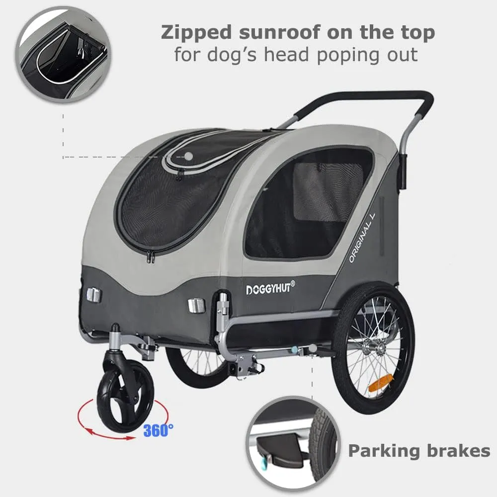 Original Large Pet Bike Trailer & Stroller 2-in-1,for Dogs up to 78 lbs,Parking Brakes,Easy Folding Cart Frame, Quick Release Wheel, Universal Bicycle Coupler (Gray)