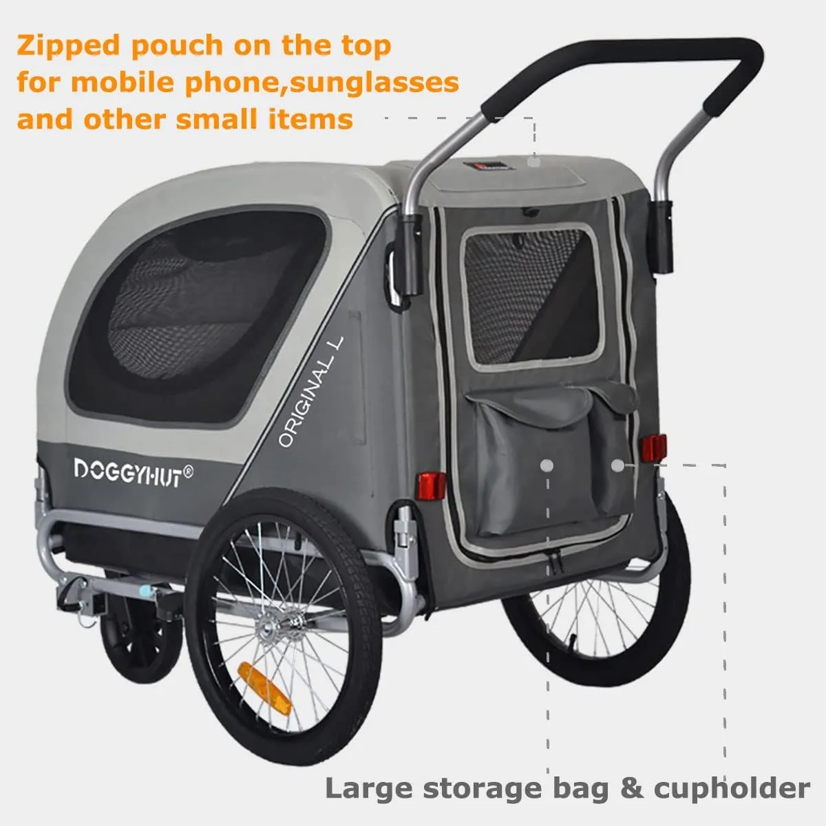 Original Large Pet Bike Trailer & Stroller 2-in-1,for Dogs up to 78 lbs,Parking Brakes,Easy Folding Cart Frame, Quick Release Wheel, Universal Bicycle Coupler (Gray)