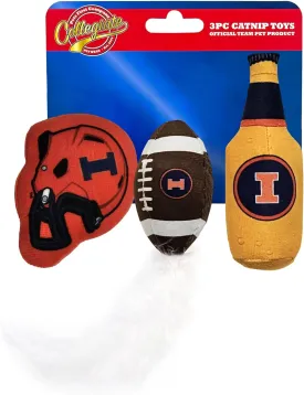 Pets First Best Plush CAT Toy NCAA Illinois Fighting Illini Complete Set of 3 Piece Cat Toys Filled with Fresh Catnip. Includes: 1 Helmet Cat Toy, 1 Football Cat Toy with Feathers & 1 Beer Bottle.