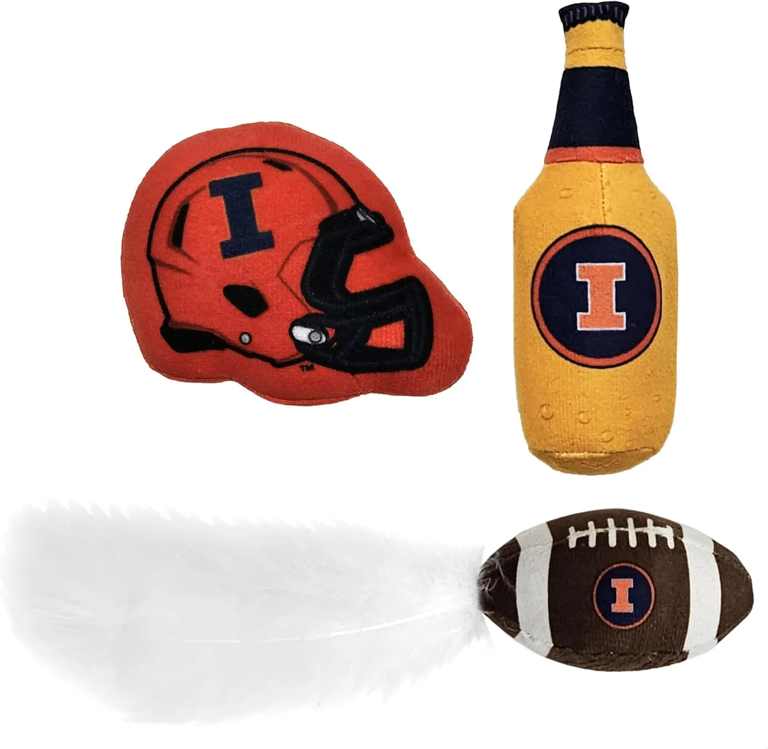 Pets First Best Plush CAT Toy NCAA Illinois Fighting Illini Complete Set of 3 Piece Cat Toys Filled with Fresh Catnip. Includes: 1 Helmet Cat Toy, 1 Football Cat Toy with Feathers & 1 Beer Bottle.