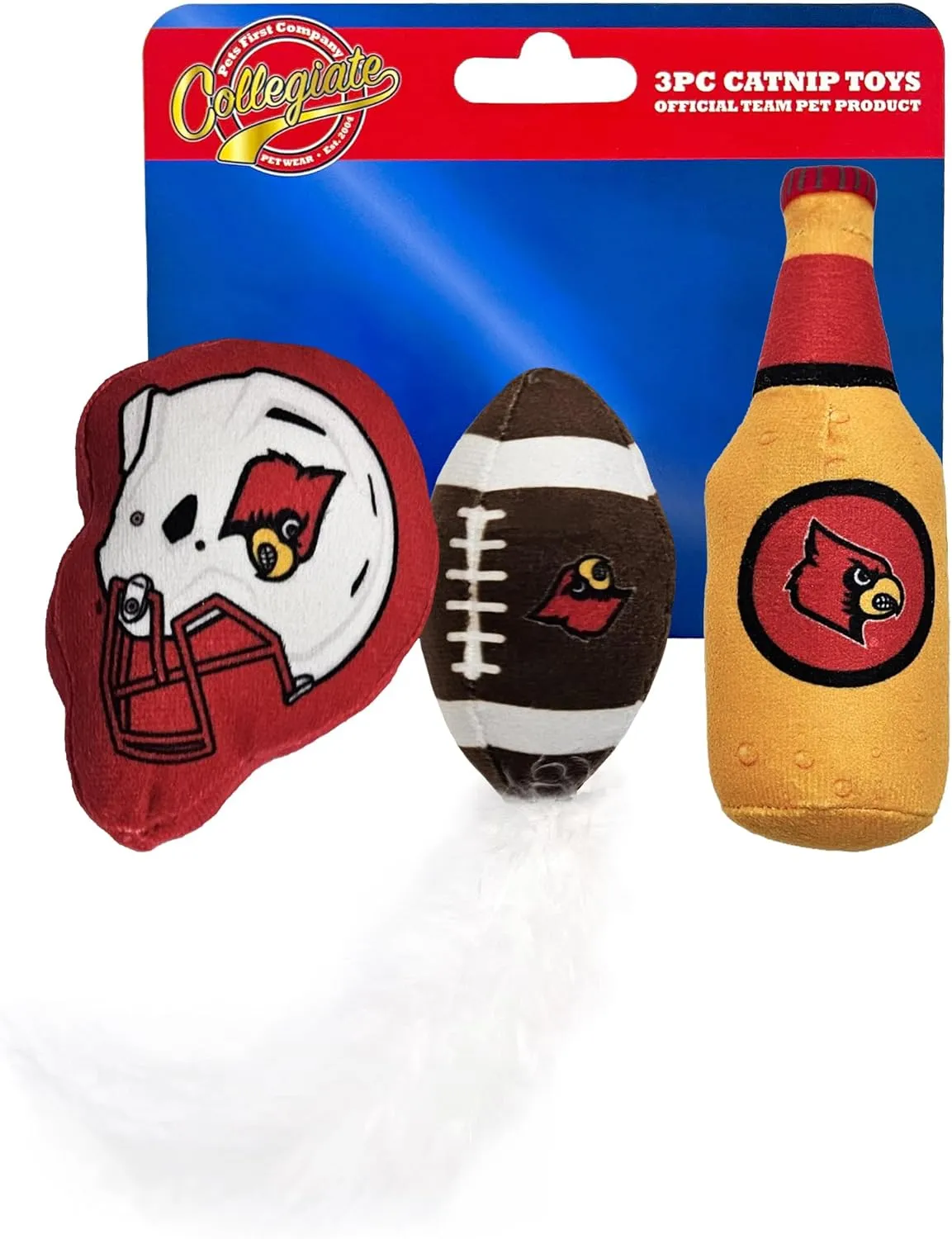 Pets First Best Plush CAT Toy NCAA Louisville Cardinals Complete Set of 3 Piece Cat Toys Filled with Fresh Catnip. Includes: 1 Helmet Cat Toy, 1 Football Cat Toy with Feathers & 1 Beer Bottle.