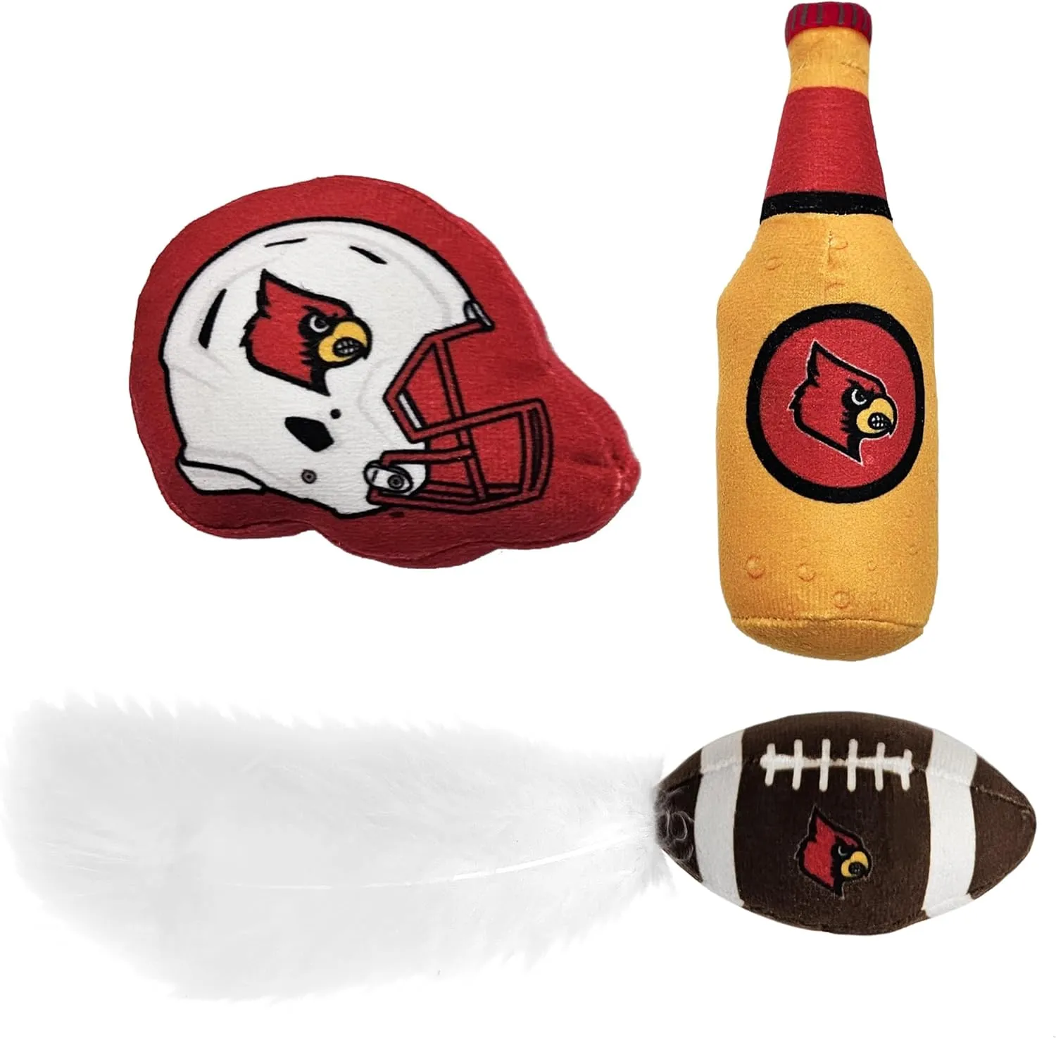 Pets First Best Plush CAT Toy NCAA Louisville Cardinals Complete Set of 3 Piece Cat Toys Filled with Fresh Catnip. Includes: 1 Helmet Cat Toy, 1 Football Cat Toy with Feathers & 1 Beer Bottle.