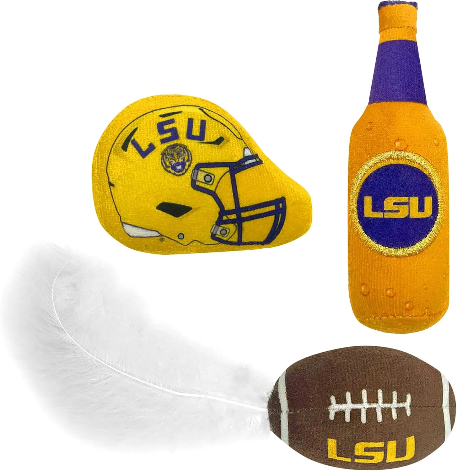 Pets First Best Plush CAT Toy - NCAA LSU Complete Set of 3 Piece Cat Toys Filled with Fresh Catnip. Includes: 1 Helmet Cat Toy, 1 Football Cat Toy with Feathers & 1 Beer Bottle. Beautiful Team Logos