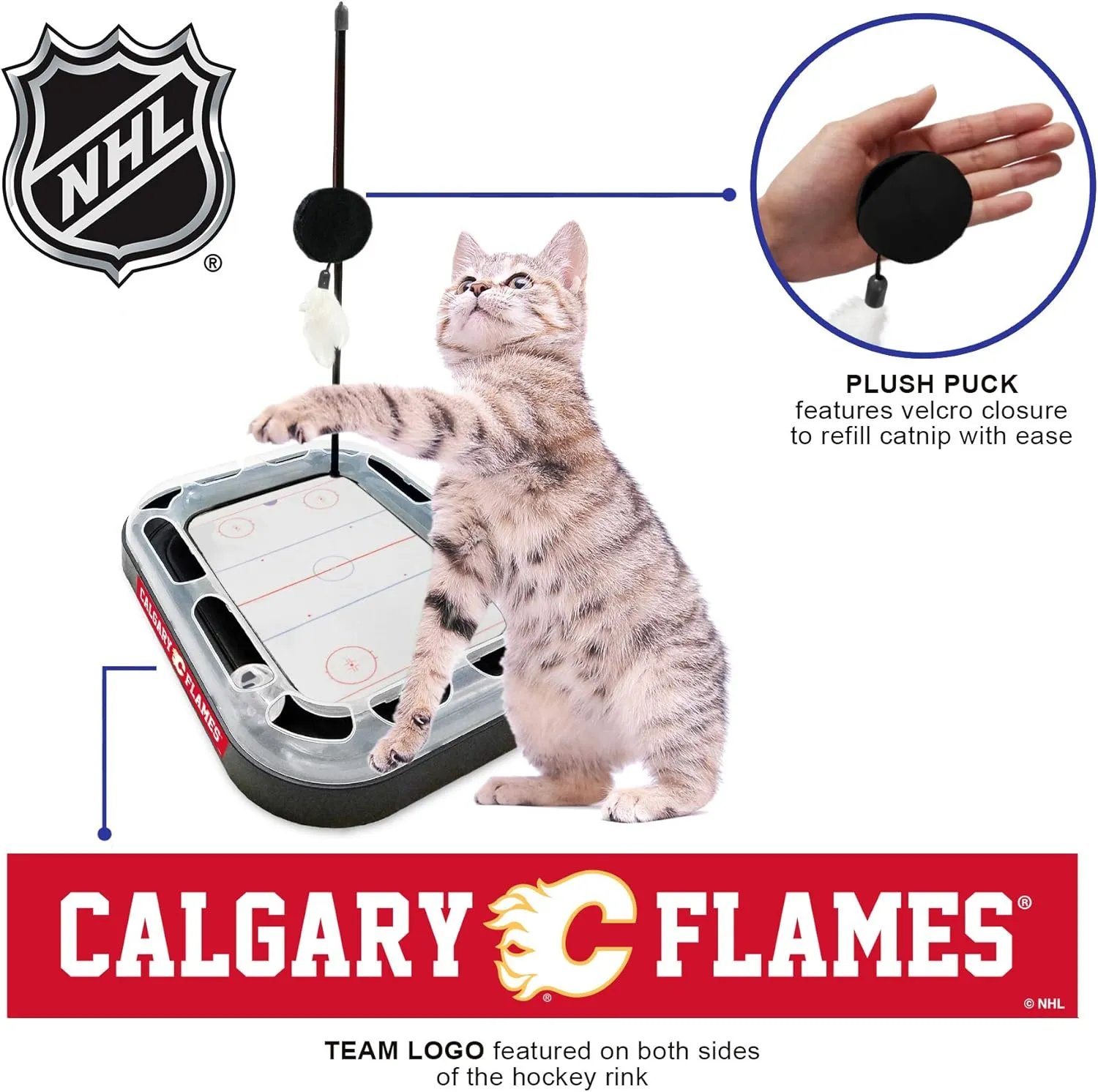 Pets First NHL Calgary Flames 5-in-1 Cat Scratching Toy with Interactive Cat Ball, Bell and Track