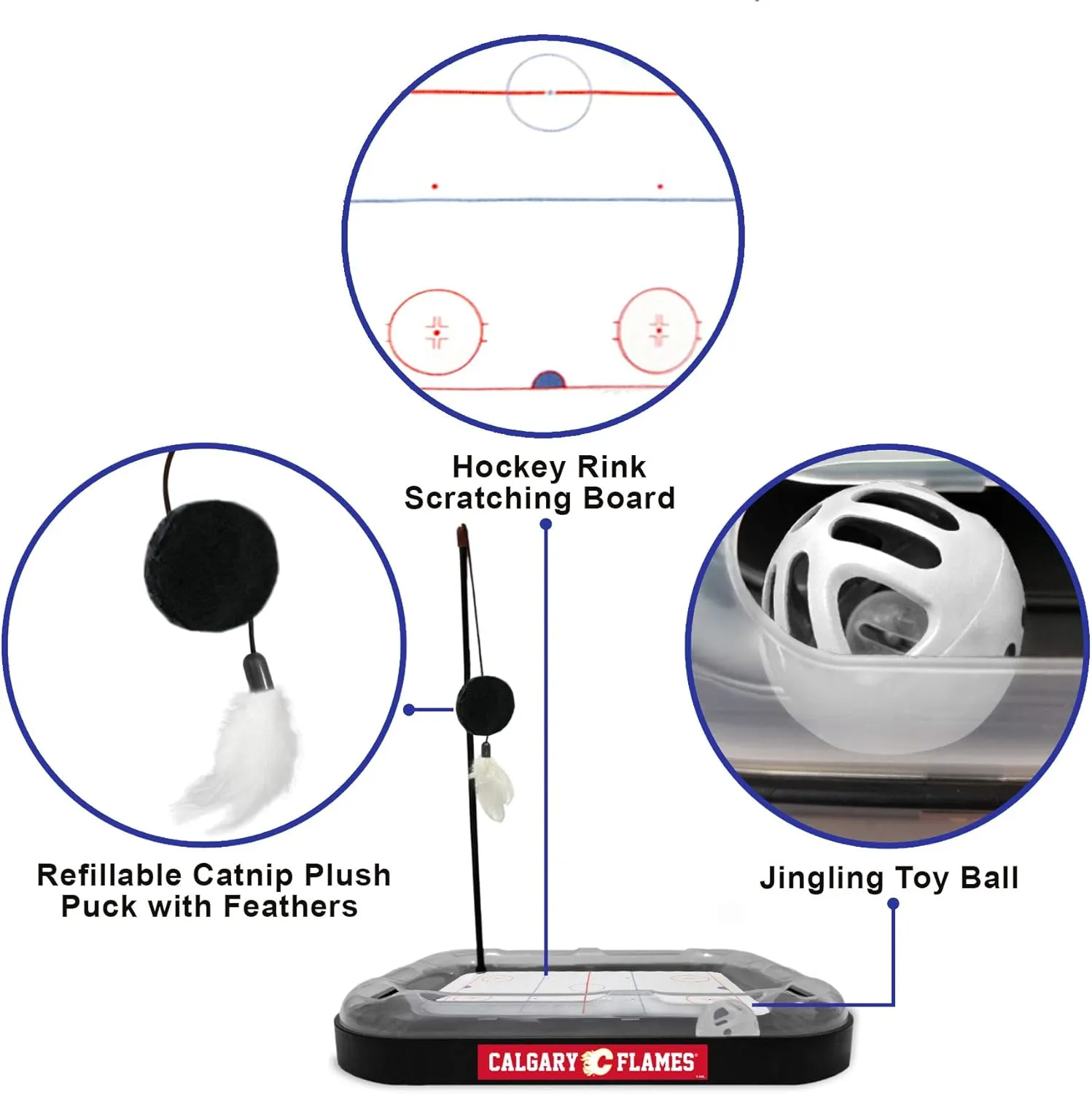 Pets First NHL Calgary Flames 5-in-1 Cat Scratching Toy with Interactive Cat Ball, Bell and Track