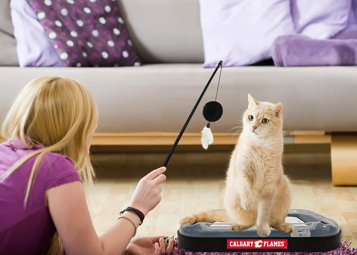 Pets First NHL Calgary Flames 5-in-1 Cat Scratching Toy with Interactive Cat Ball, Bell and Track