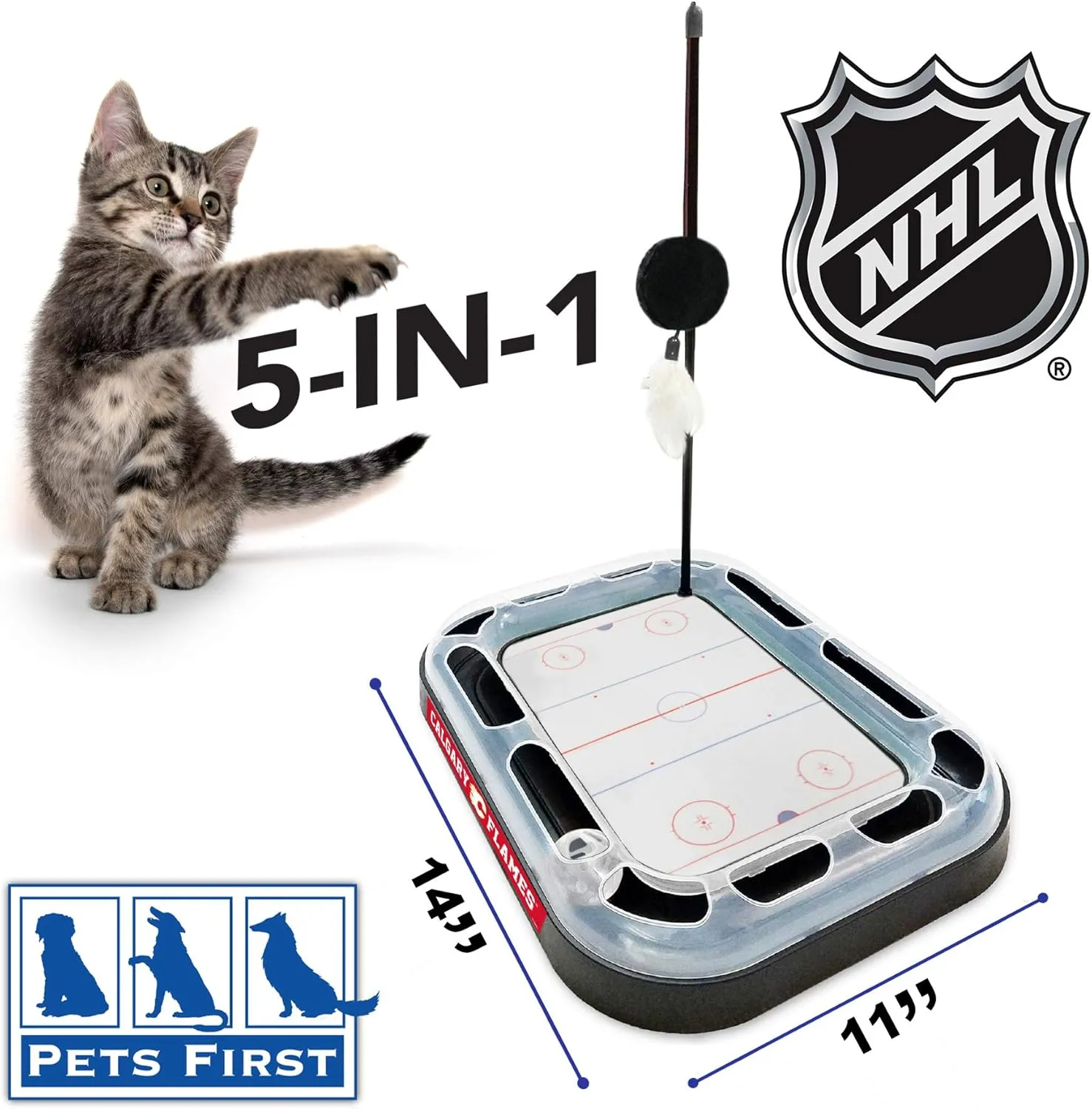 Pets First NHL Calgary Flames 5-in-1 Cat Scratching Toy with Interactive Cat Ball, Bell and Track
