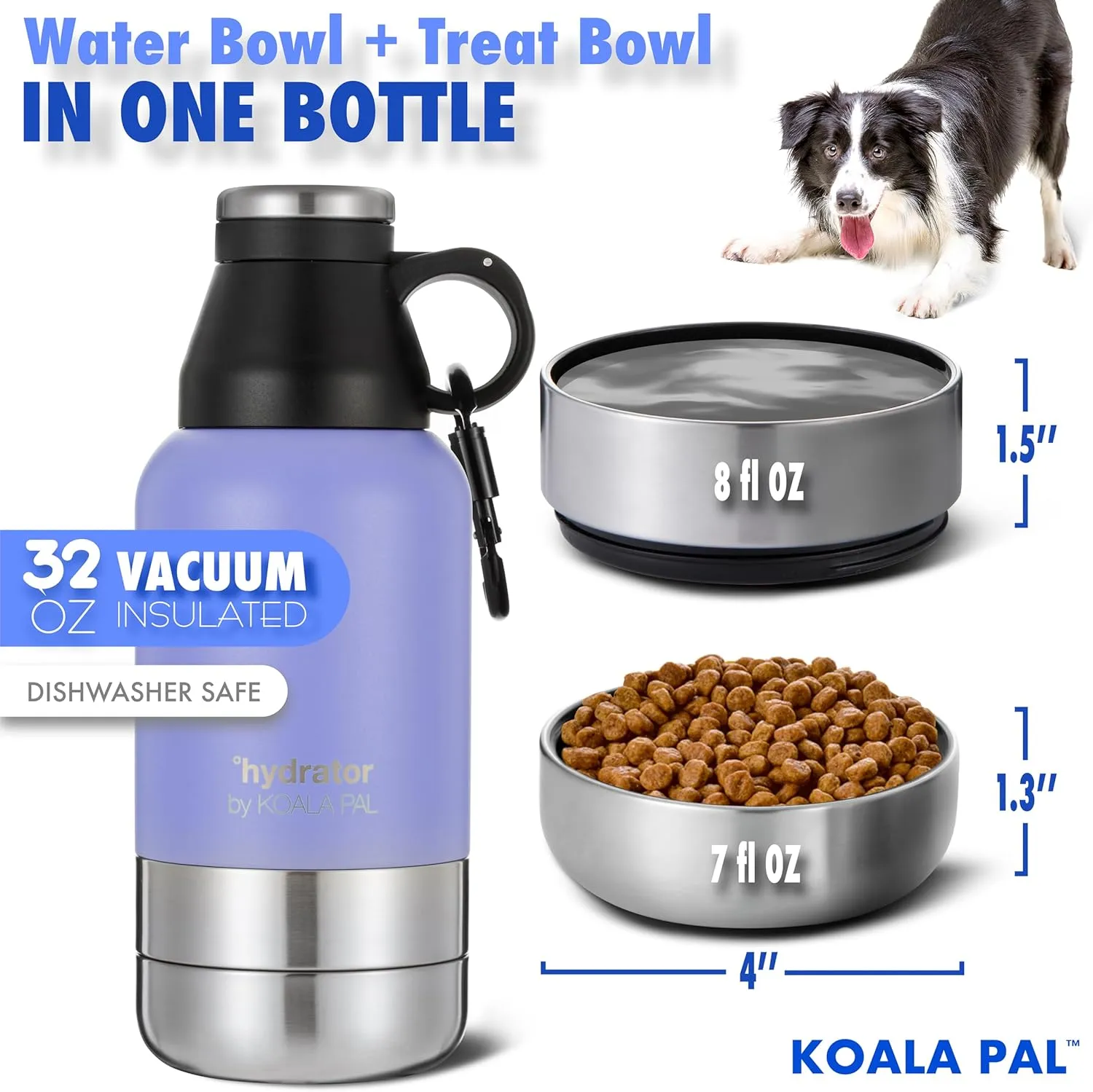 Portable Dog Water Bottle w/ Bowls, Dog Travel Water Dispenser (Lavender, 32 OZ)