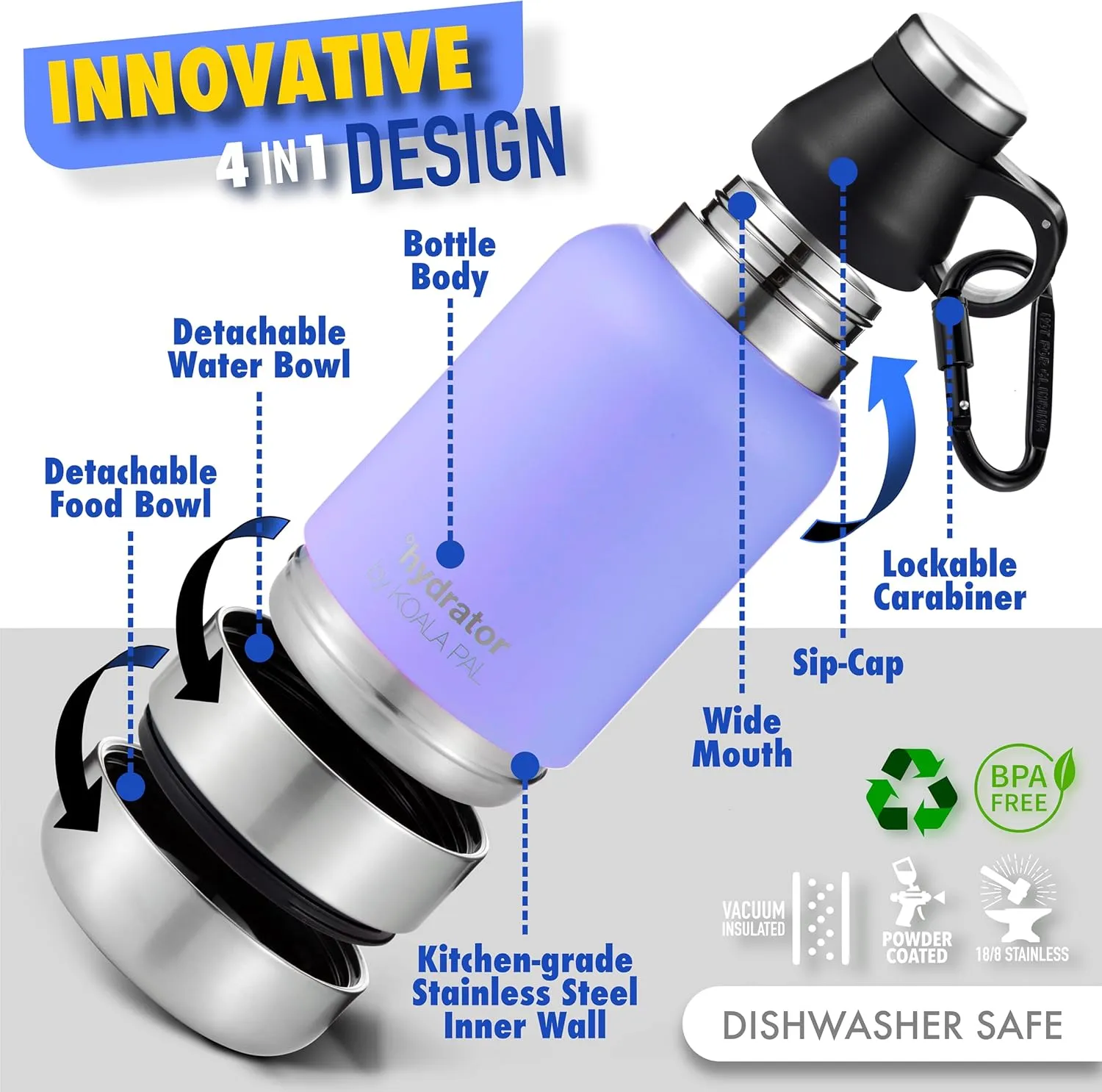 Portable Dog Water Bottle w/ Bowls, Dog Travel Water Dispenser (Lavender, 32 OZ)