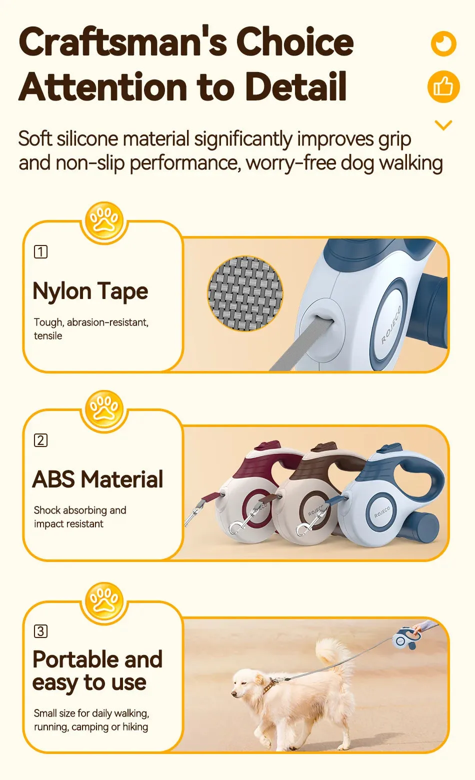 ROJECO Automatic Retractable Dog Leash for Small Dogs and Cats - Durable Nylon Rope for Outdoor Activities