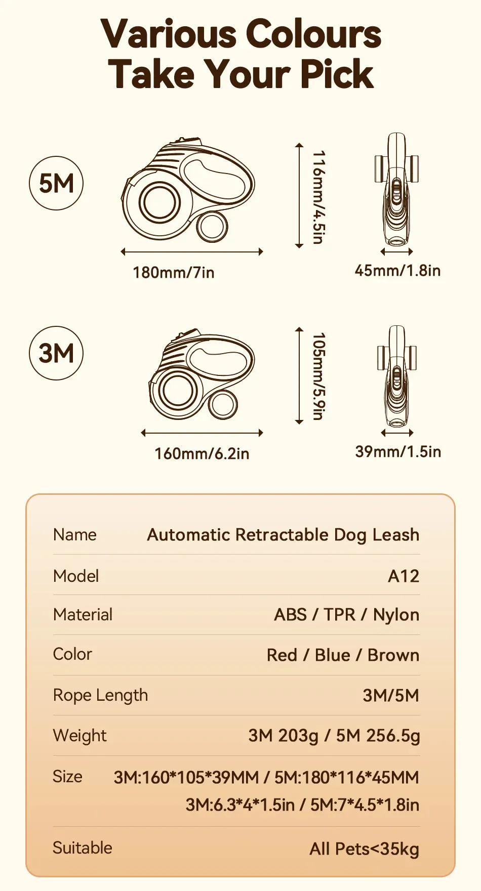 ROJECO Automatic Retractable Dog Leash for Small Dogs and Cats - Durable Nylon Rope for Outdoor Activities