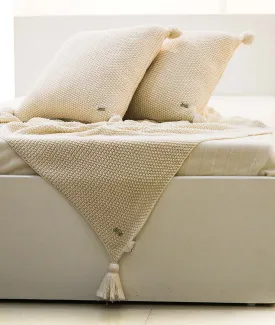 Seed Stitch Moss Knitted Throw & Cushion Cover (2 pcs) Gift Combo in Natural Color