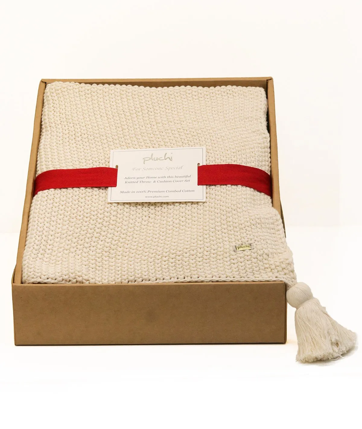 Seed Stitch Moss Knitted Throw & Cushion Cover (2 pcs) Gift Combo in Natural Color